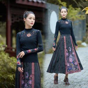 Etnische Kleding 2024 Herfst En Winter Chinese Stijl Geborduurde Coltrui Top Vrouwen Retro Lange Mouw Basis Blouse S712