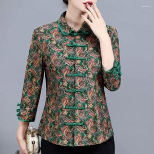 Ropa étnica 2024 Otoño Estilo chino Moda Mejorado Impreso Cheongsam Blusa Mujeres Retro Disco Hebilla Manga larga Tang Traje S617