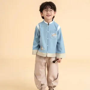 Vêtements ethniques 2024 Automne Traditionnel Chinois Col montant Brodé Tang Costume Veste À Manches Longues Pantalon Enfants Pour Garçon