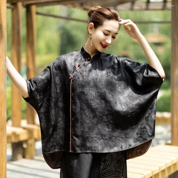 Ropa étnica 2024 Negro Chino Estilo Nacional Jacquard Impreso Top Stand Collar Suelto Manga Grande Mujeres Tang Traje Cheongsam Blusa