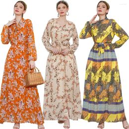 Etnische kleding 2024 Boheemse mode Casual A-lijn A-lijn Abaya Kaftan Robe Spring zomer Bloemenprint Moslimjurk Volle mouw Vrouwen Sundress