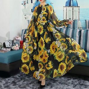 Vêtements ethniques 2024 Boho Beach Sunflower Imprimé maxi robe Fashion Femmes Long Fûture Party Holiday Muslim Travel Po Vestidos Robe