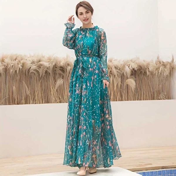 Vêtements ethniques 2024 Boho Floral Print Party Robe Femme Vestidos Fashion Elegant Loose mousseline Long Slve Muslim Abaya Islamic Clothing Robes T240510