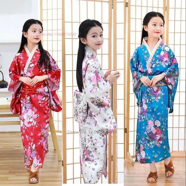 Vêtements ethniques 2024 Enfants Japonais Kimono Robe National Fleur Imprimer Robe Traditionnelle Yukata Haori Fille Pographie Vintage