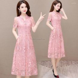 Vêtements ethniques 2024 chinois mousseline cheongsam robe femme d'été de la femme en dentelle A-line à manches courtes longues