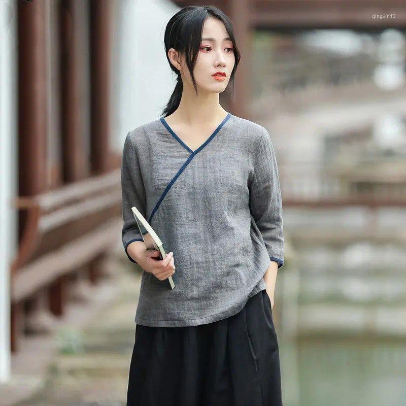 الملابس العرقية 2024 من الكتان القطن الصيني تانغ تانغ النساء الصيف المحسّن نمطًا يوميًا بلوزة تشيونغسام