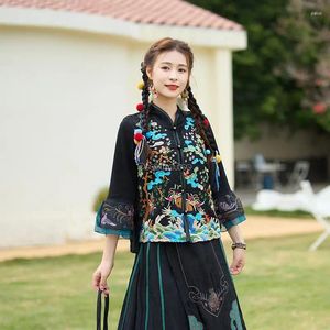 Vêtements ethniques 2024 Chinois élégant brodé vintage jacquard haut court été femme style national col montant chemisier à manches mi-longues