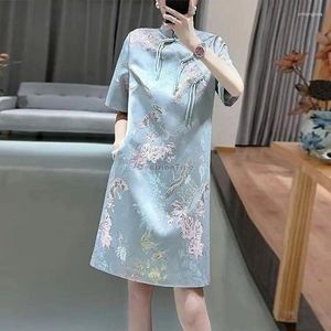 Etnische Kleding 2024 Chinese Verbeterde Losse Cheongsam Jurk Vrouwen Half Mouw Stand Kraag Gedrukt Stijl Elegante Qipao S493