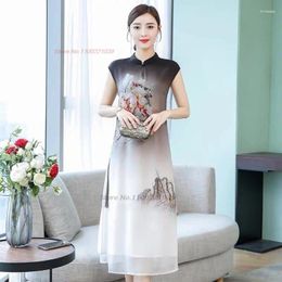 Vêtements ethniques 2024 Chinois Amélioration de la robe Qipao Vintage en mousseline de soie vintage Cheongsam National Flower Print Gradient Color Evening Banquet