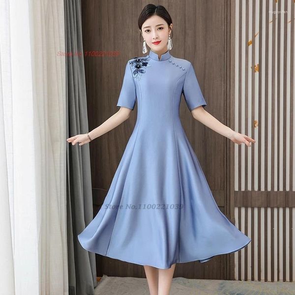 Vêtements ethniques 2024 Chinois amélioré Qipao Robe de mariée Cheongsam National Fleur Broderie A-ligne Oriental Élégant Satin