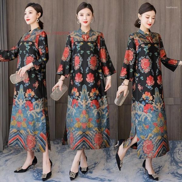 Vêtements ethniques 2024 Chinois amélioré Qipao Vintage Banquet Robe de soirée Cheongsam National Flower Print Folk Traditionnel A-ligne