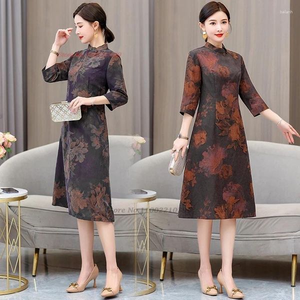 Vêtements ethniques 2024 Chinois amélioré Satin Qipao Vintage Robe Cheongsam National Fleur Imprimer A-ligne Oriental Élégant Folk