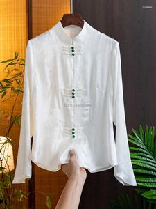 Etnische kleding 2024 Chinees Jacquard White Shirt Vrouwelijke Spring Stand Disc Buckle Slim Retro Tang Suit Blouse T001