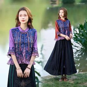Vêtements ethniques 2024 Chinois National Hanfu Tops Vintage Fleur Broderie Chemisier Femmes Tang Costume Oriental Satin Jacquard