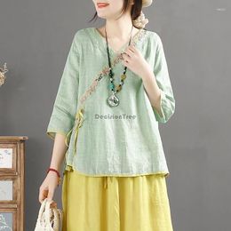 Vêtements ethniques 2024 Chinois National Color Color Embroderie Top en V V-collier OBLIQUE FRANT LAçage en coton Linette Blouse Art Tempérament