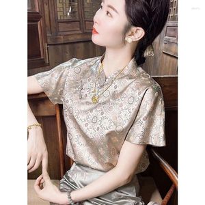 Vêtements ethniques 2024 Style national chinois Femmes Imprimé Chemisier à manches courtes Tang Costume Top Col Stand Rétro Lâche Qipao