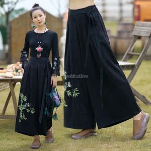 Vêtements ethniques 2024 Chinois Style National Automne Embroderie d'hiver Pantalon Retro Loose Casual Fashion Wide-leg T001