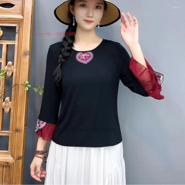 Vêtements ethniques 2024 T-shirt national chinois Femme Traditionnelle Fleur Broderie Vintage Hanfu Tops Streetwear O-Cou Chemise de base en vrac