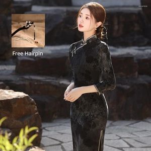 Vêtements ethniques 2024 chinois Qipao Hanfu robe costume à manches longues Cheongsam vêtements noirs femmes sexy carnaval tenues de fête avec gratuit