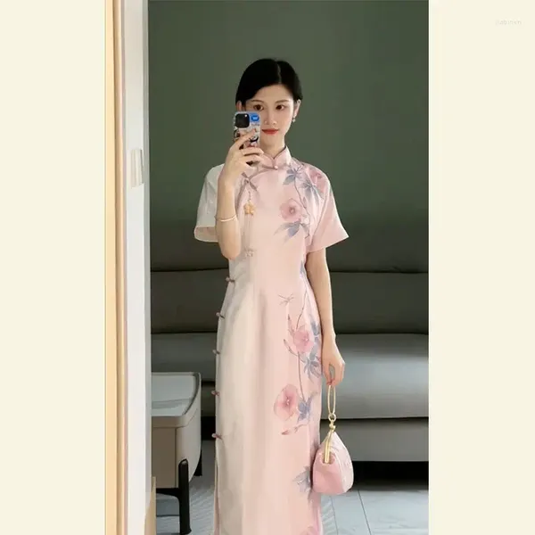 Vêtements ethniques 2024 Impression en satin chinois améliorée Cheongsam robe femme d'été orientale de la femme