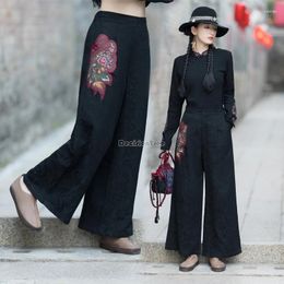 Vêtements ethniques 2024 Style chinois Automne et broderie d'hiver Couleur solide Pantalon droit de jambe décontractée Mid-Waist Long Loose T001