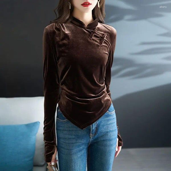 Ropa étnica 2024 Estilo chino Camisa inferior abotonada para mujeres Irregular Light Gold Velvet Top Vintage Blusa diaria