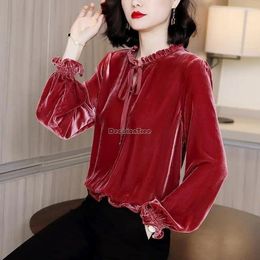 Vêtements ethniques 2024 Style chinois amélioré Velvet Tang Costume Top Shirt Vintage Mode Manches longues Creux Out Design Base Blouse T001
