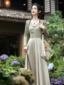 Etnische kleding 2024 Chinese stijl Verbeterde Cheongsam V-Neck Jurk Dames herfst Winter Lange mouwen Button Up Patchwork Rok