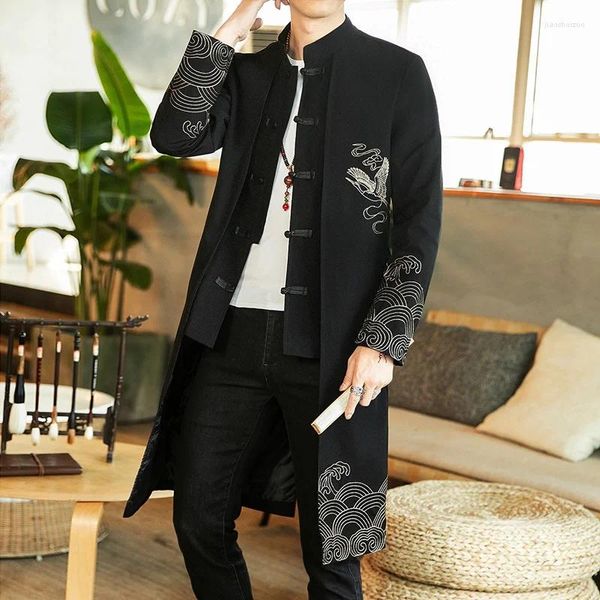 Vêtements ethniques 2024 Style chinois Longbreuse-vent veste hommes Men Streetwear Hip Hop Vintage Kimono Coat Tang Suit 30689