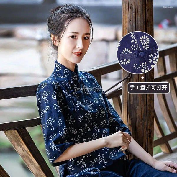 Ropa étnica 2024 Estilo chino Impresión Cheongsam Blusa Primavera Otoño Algodón puro Manga de siete puntos Elegante Mujer Qipao Top S368