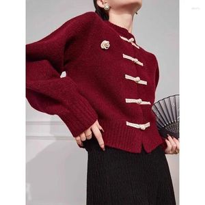 Vêtements ethniques 2024 Pull rouge de style chinois pour femmes automne et hiver soie col rond bouton tricot cardigan haut manteau élégant