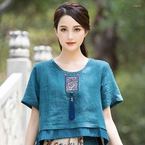 Vêtements ethniques 2024 Couleur solide de style chinois broderie Tassel Top Retro Elegant Art Cotton Linn Shirt Round Neck Patchwork