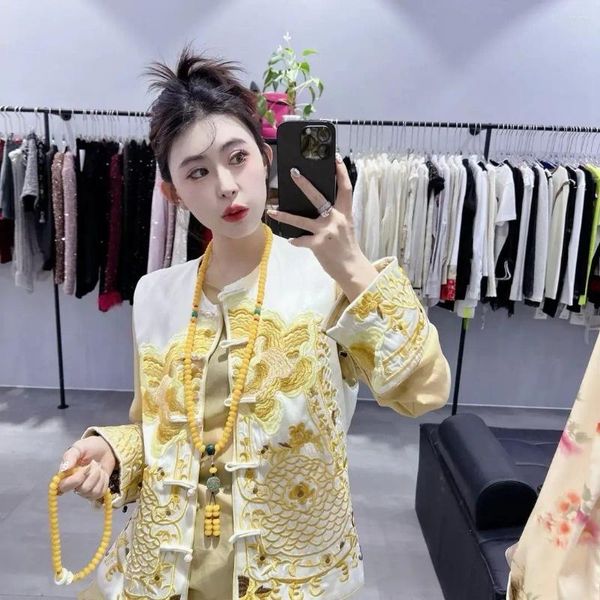 Vêtements ethniques 2024 Femmes chinoises Femmes quotidiennes Gilet jaune Set Early Spring Retro Button Up Shirt Two-Piece Vintage Top