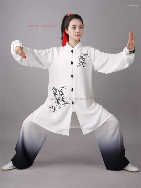 Ropa étnica 2024 Tai chi chi uniforme wushu ejercicio matutino tops pantalones conjuntos de bambú estampado de estampado rendimiento del equipo kungfu
