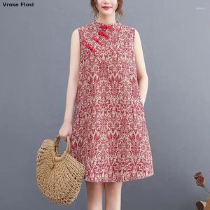 Etnische Kleding 2024 Chinese Traditionele Cheongsam Vrouwen Katoen Linnen Qipao Jurk Nationale Bloemenprint Mouwloze Retro Folk A-lijn