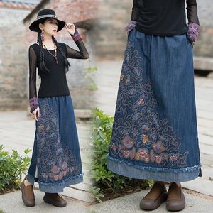Vêtements ethniques 2024 Jupe traditionnelle chinoise National Flower broderie élastique denim vintage vintage A-Line Midi Folk Dance Suit