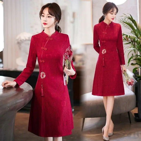 Vêtements ethniques 2024 Robe Qipao traditionnelle chinoise Femmes Style Col montant Vintage Manches longues Cheongsam