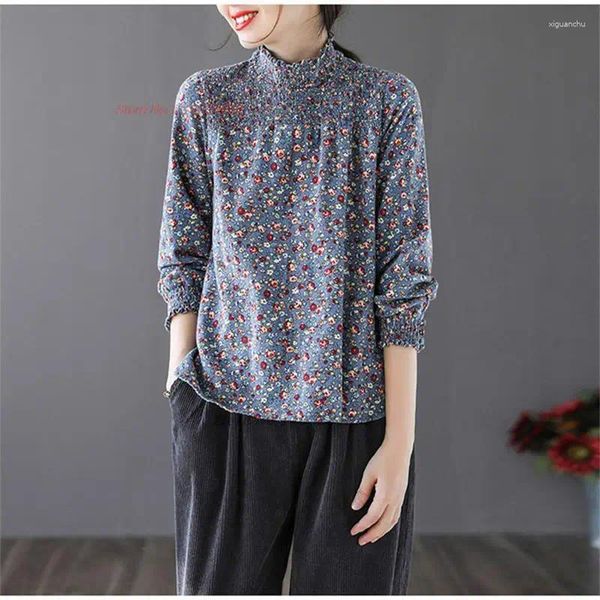 Ropa étnica 2024 camiseta tradicional china mujer flor nacional impresión stand collar camisa vintage hanfu tops retro base