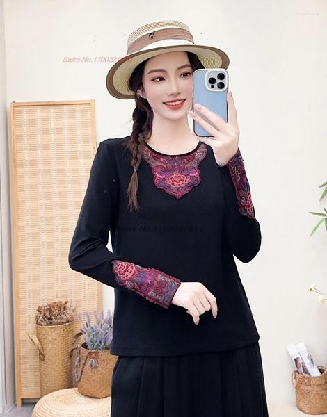 Vêtements ethniques 2024 T-shirt traditionnel chinois National Flower Broderie Chemise à col rond Vintage Hanfu Tops Oriental Streetwear Base rétro