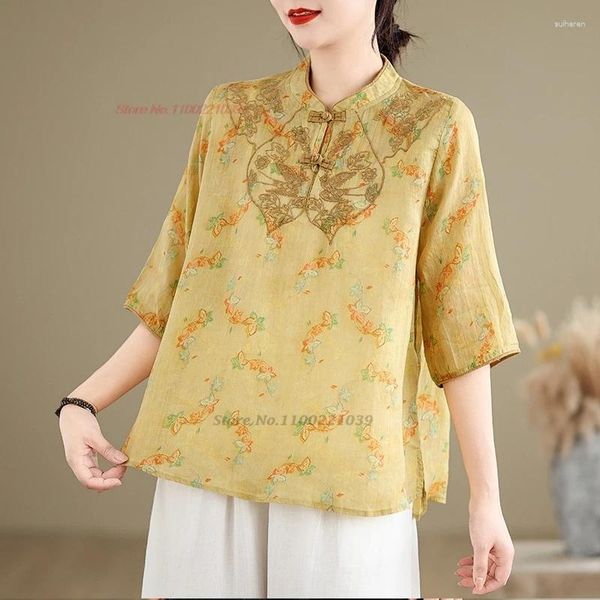 Vêtements ethniques 2024 Blouse vintage chinois National Flower Print broderie Qipao Stand Collar amélioré Oriental Service Hanfu Shirt