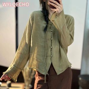 Vêtements ethniques 2024 Chemise de bouton vintage chinois pour femmes à manches longues crème solaire mousseline de soie Hanfu Blouse manches Cheongsam Tangsuit