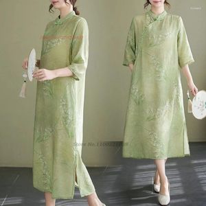 Vêtements ethniques 2024 Chinois Vintage Cheongsam Robe Traditional Flower Print Cotton Linon Qipao Oriental Folk A-LINE