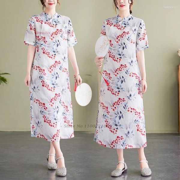 Ropa étnica 2024 Chino Vintage Cheongsam Vestido Nacional Flor Impresión Algodón Lino Qipao Folk Retro Suelto