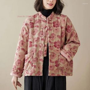 Vêtements ethniques 2024 Chinois Vintage Coton Lin Manteau National Fleur Imprimer Veste rembourrée en coton Oriental Rétro Col montant Épaissir Chaud
