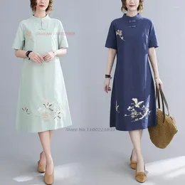 Etnische kleding 2024 Chinese vintage jurk Verbeterde Qipao Nationale bloemborduurwerk A-lijn Katoen Linnen Cheongsam Oosterse folk