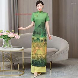 Vêtements ethniques 2024 Robe vintage chinoise améliorée Cheongsam Oriental Banquet Soirée Qipao National Flower Print Pantalon Ensemble