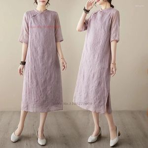 Etnische kleding 2024 Chinese vintage jurk Verbeterde Qipao Katoen Linnen Nationale bloemborduurwerk Cheongsam Oosterse folk Los