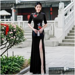 Ropa étnica 2024 Vintage chino Qipao Veet Vestido mandarín Collar impd Cheongsam Flower bordado banquete folk Deliv ottin