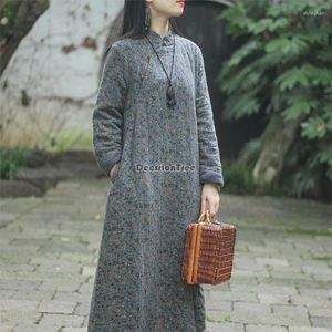 Vêtements ethniques 2024 Jupe d'hiver chinoise épaissie coton lin Cheongsam style rétro boutonné robe Qipao pour femme mi-longueur florale