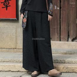 Ethnic Clothing 2024 Chinese Women National Style Spring And Autumn Jacquard Cotton Embroidery Elastic Waist Wide Leg Trousers T001